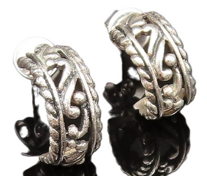 925 Sterling Silver  Vintage Rope Twist Edge Scroll Hoop Earrings  EG11699