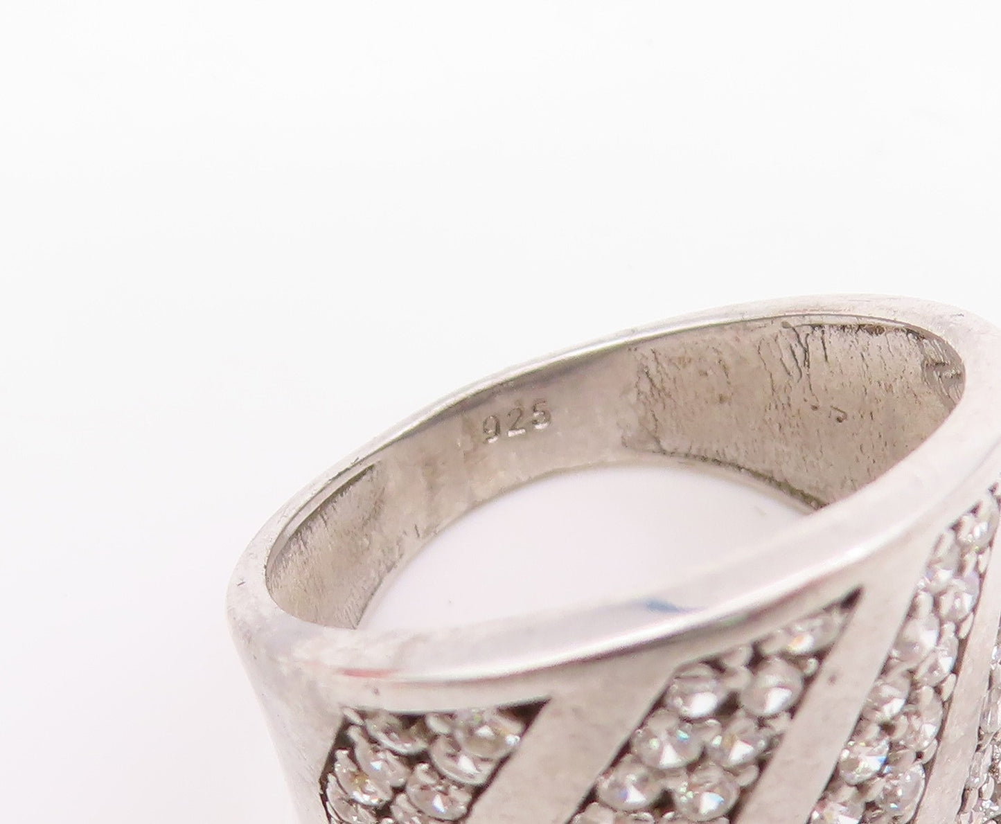 925 Sterling Silver Vintage Ring CZ Pave Diagonal Striped Wide Band Sz 8 RG35276