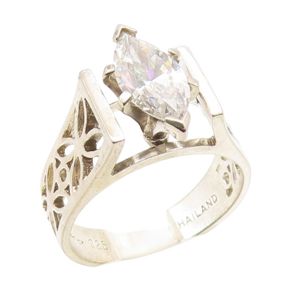 925 Sterling Silver Vintage Ring Marquise Cut CZ Floral Cutout  Sz 7  RG35131
