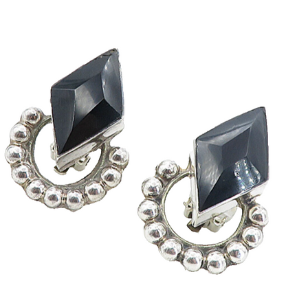 MEXICO 925 Sterling Silver  Vintage Black Onyx Non Pierce Earrings  EG4094