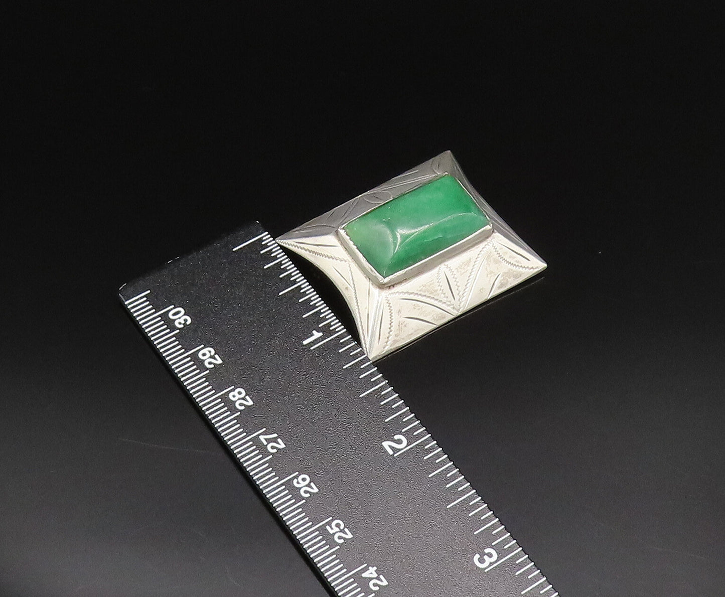 925 Silver  Vintage Rectangle Aventurine Etched Pyramid Dome Brooch Pin BP9771