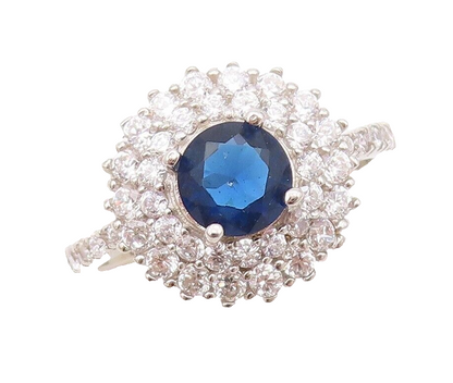 925 Sterling Silver Vintage Ring Round Sapphire Halo CZ Inlay  Sz 7  RG30346