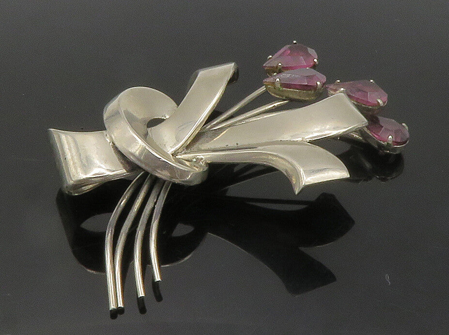 925 Sterling Silver  Vintage Modernist Amethyst Floral Brooch Pin  BP5735