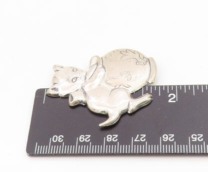 925 Sterling Silver Vintage Brooch Etched Kitten Hugging Fishbowl Pin  BP12111