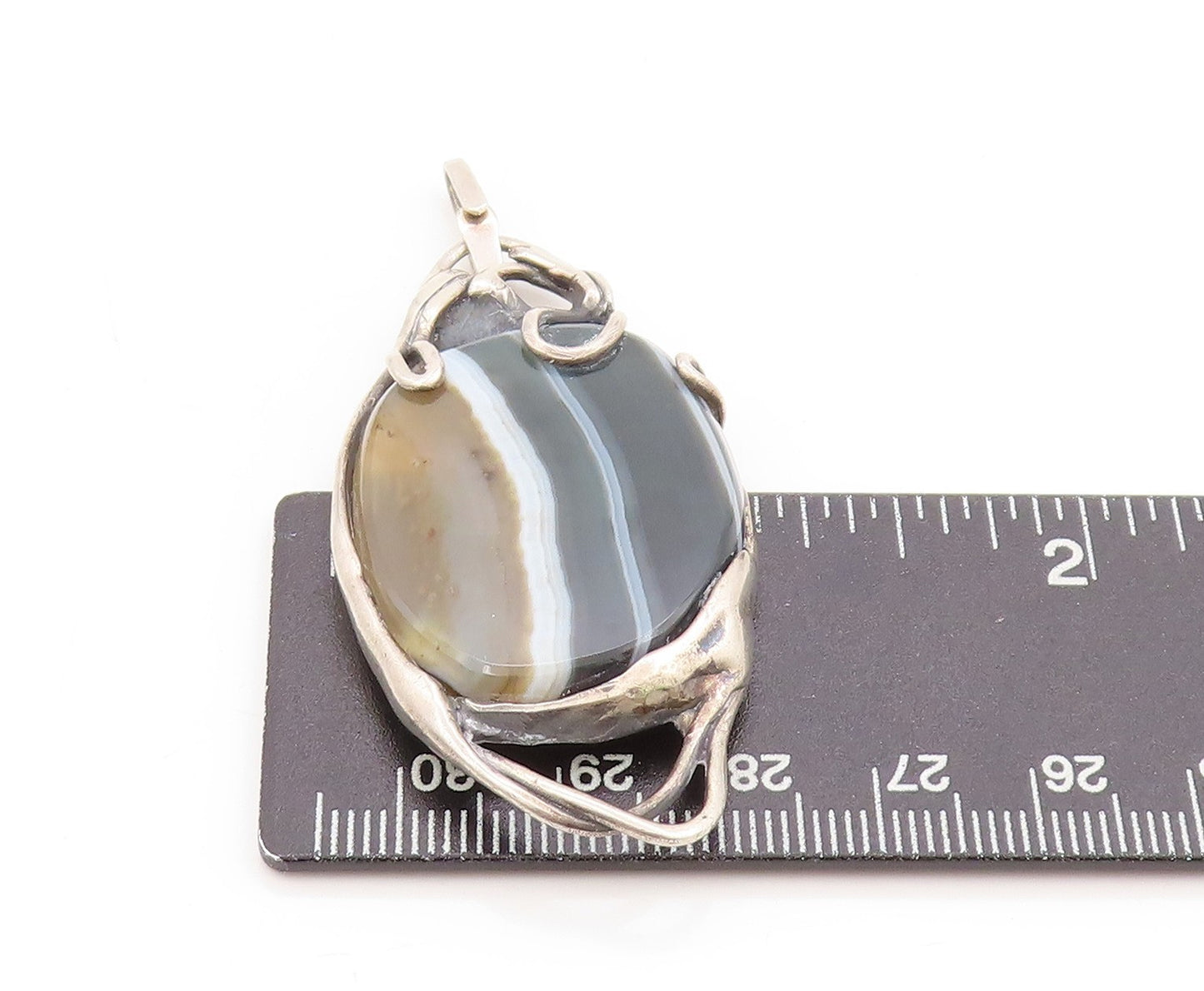 925 Sterling Silver Vintage Pendant Large Agate Modernist River Design  PT25078