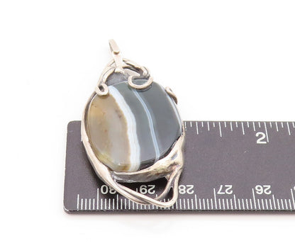 925 Sterling Silver Vintage Pendant Large Agate Modernist River Design  PT25078