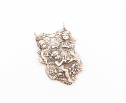 925 Sterling Silver Vintage Pendant Dark Tone Antique Cherubs Carved  PT24131