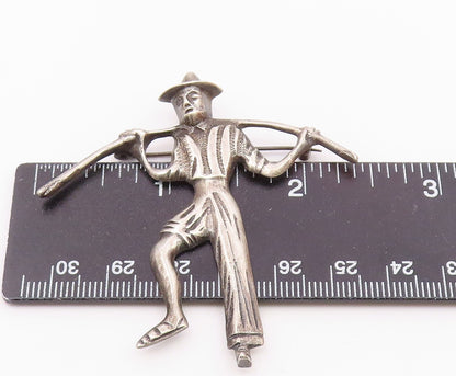 MEXICO 925 Silver  Vintage Antique Man With Carrying Pole Brooch Pin  BP8930