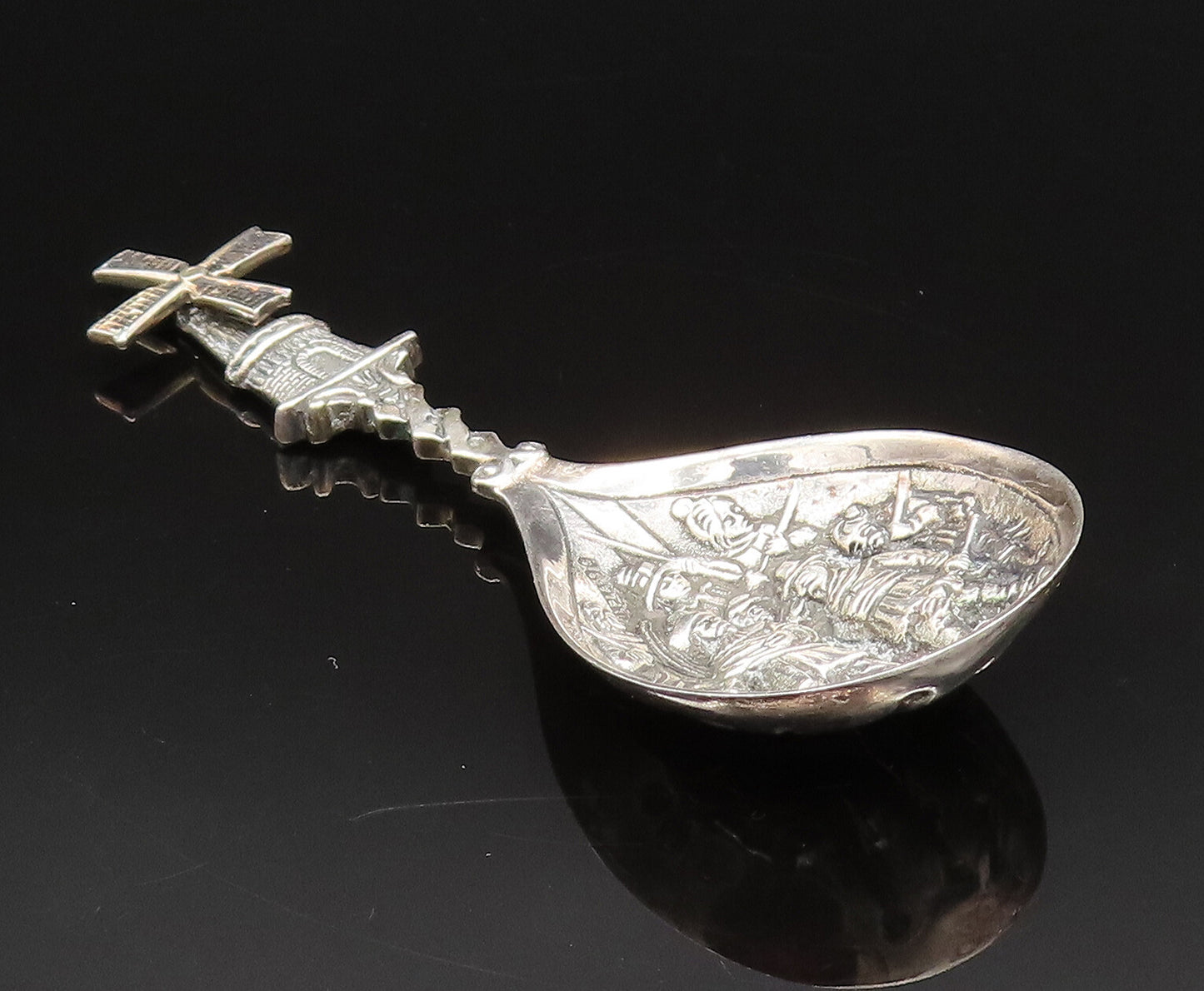 925 Sterling Silver  Vintage Men With Swords Under Windmill House Spoon TR3390