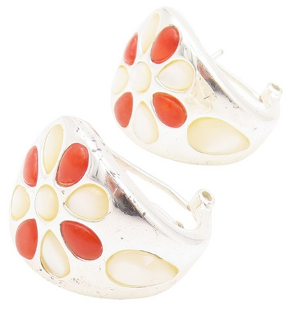 925 Sterling Silver Vintage Earrings Mother Of Pearl & Carnelian Flower EG13397