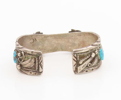 925 Sterling Silver Vintage Bracelet NAVAJO ZUNI Turquoise Watch Cuff  BT11592