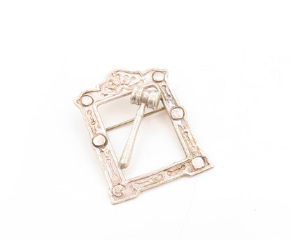 925 Sterling Silver Vintage Brooch Pin Designer Carved Frame & Hammer BP11323
