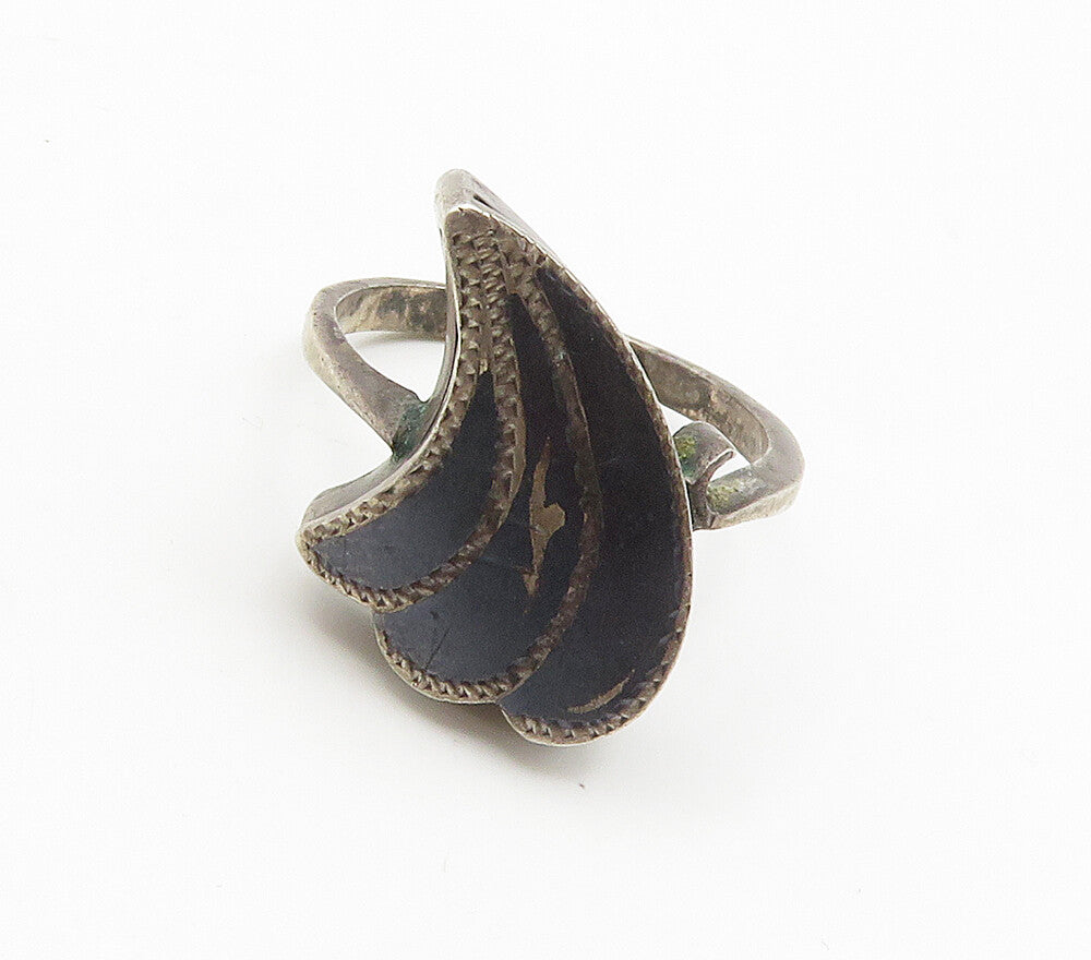 SIAM 925 Sterling Silver  Vintage Black Niello Enamel Band Ring Sz 6  RG15656