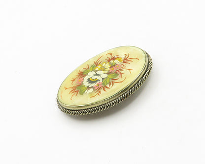 925 Sterling Silver  Vintage Mother Of Pearl Floral Art Brooch Pin  BP7674