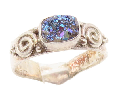 925 Sterling Silver Vintage Ring SAJEN Drusy Quartz Scrollwork  Sz 8  RG34686