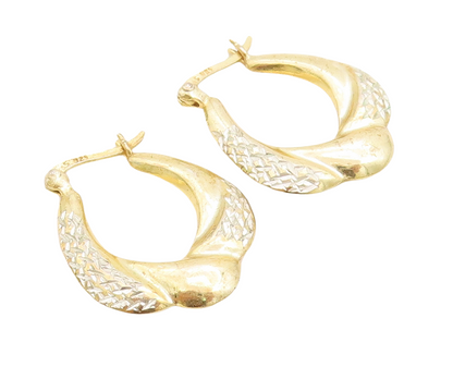 925 Sterling Silver Vintage Earrings Gold Plated Designer Carved Hoops  EG13221