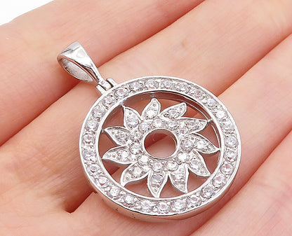 925 Sterling Silver  Shiny Topaz Open Floral Design Round Drop Pendant  PT3206