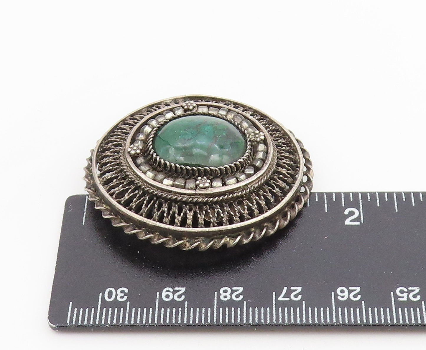 ISRAEL 925 Silver  Vintage Malachite Halo Filigree Floral Brooch Pin  BP10403