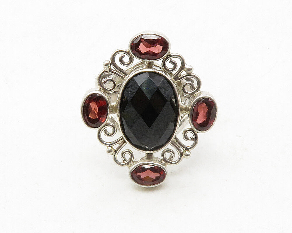925 Sterling Silver  Black Onyx & Red Topaz Swirl Cocktail Ring Sz 7  RG13296