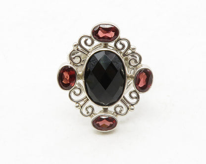 925 Sterling Silver  Black Onyx & Red Topaz Swirl Cocktail Ring Sz 7  RG13296