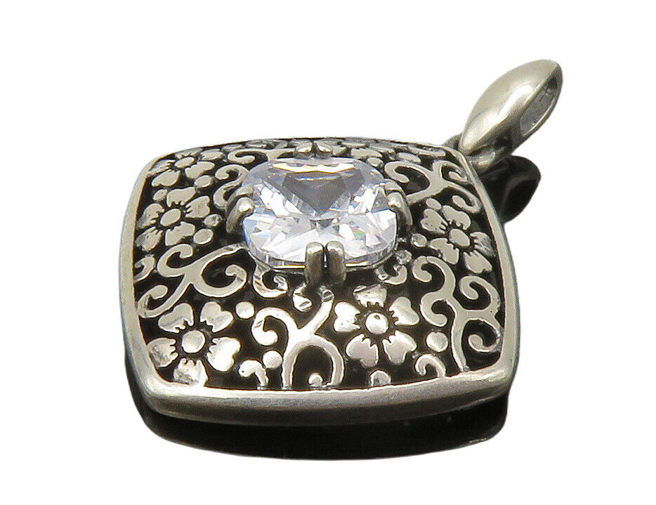 925 Sterling Silver  Vintage Cubic Zirconia Floral Swirl Pendant  PT11296