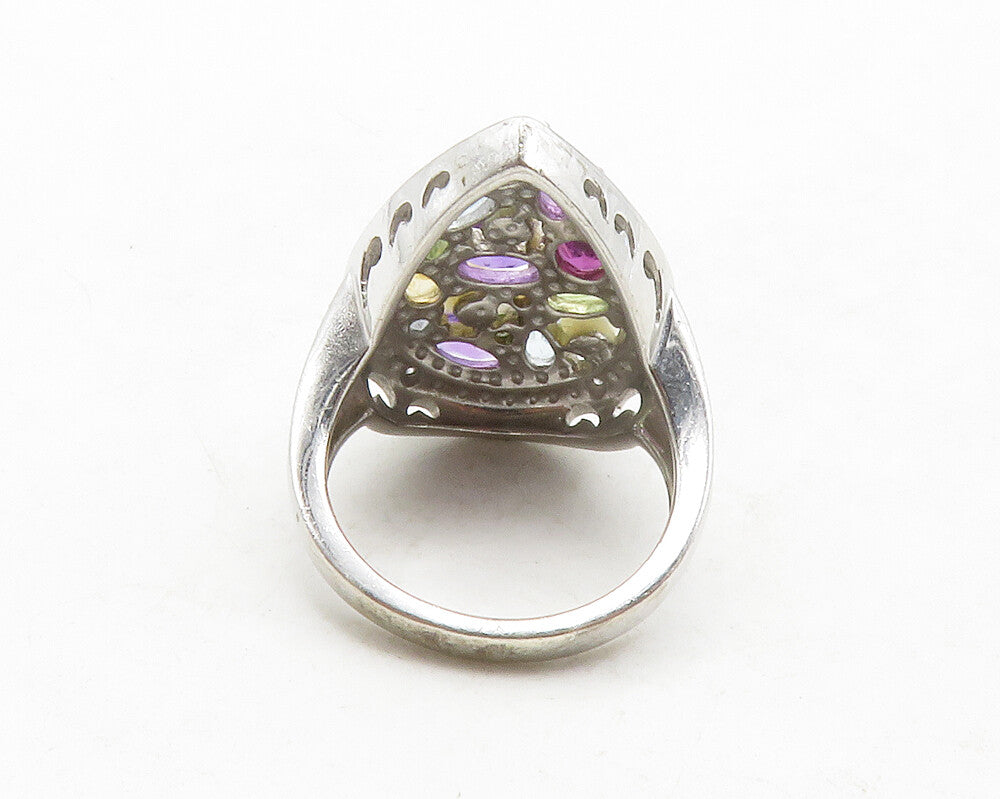 925 Silver Pearls Genuine Diamonds & Multi Stone Cocktail Ring Sz 6 RG13217
