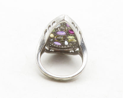 925 Silver Pearls Genuine Diamonds & Multi Stone Cocktail Ring Sz 6 RG13217
