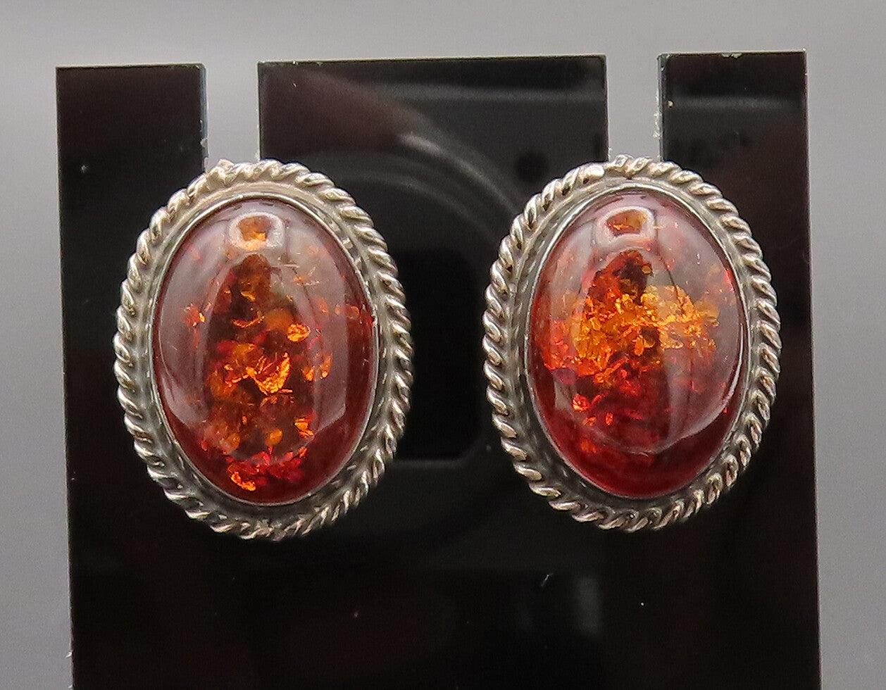 925 Sterling Silver  Vintage Oval Amber Halo Twisted Rope Earrings  EG12660