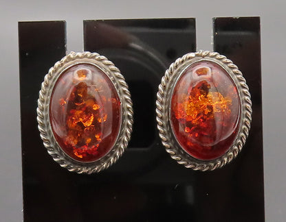 925 Sterling Silver  Vintage Oval Amber Halo Twisted Rope Earrings  EG12660