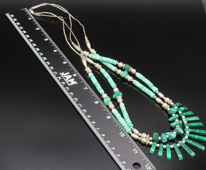 925 Silver  Vintage Two Strand Malachite & Floral Beads Necklace  NE4012