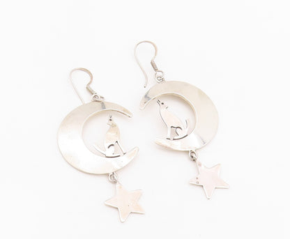 925 Sterling Silver Vintage Earrings MEXICO Howling Wolf On Moon & Star  EG13629