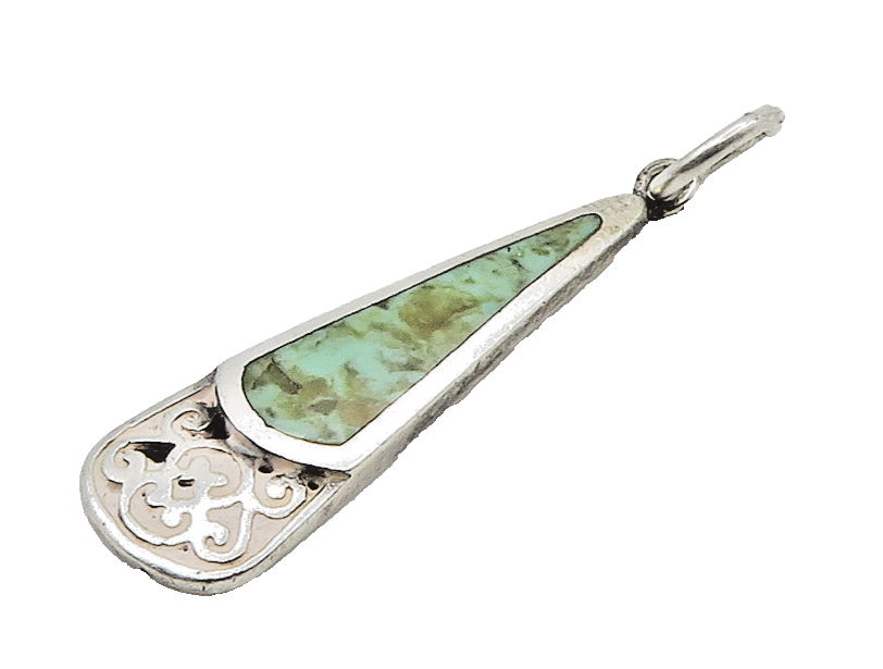 BOMA 925 Silver  Vintage Inlaid Turquoise Pretzel Swirl Drop Pendant  PT11973