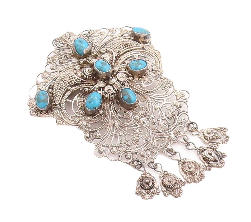 925 Sterling Silver Vintage Brooch Pin Turquoise Inlay Floral Filigree  BP11430