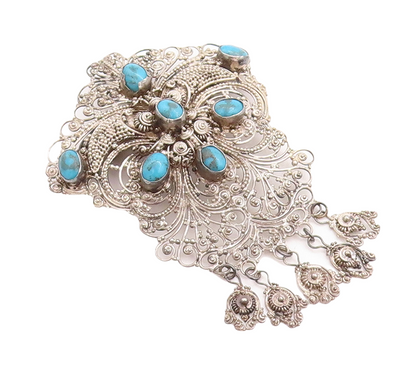 925 Sterling Silver Vintage Brooch Pin Turquoise Inlay Floral Filigree  BP11430