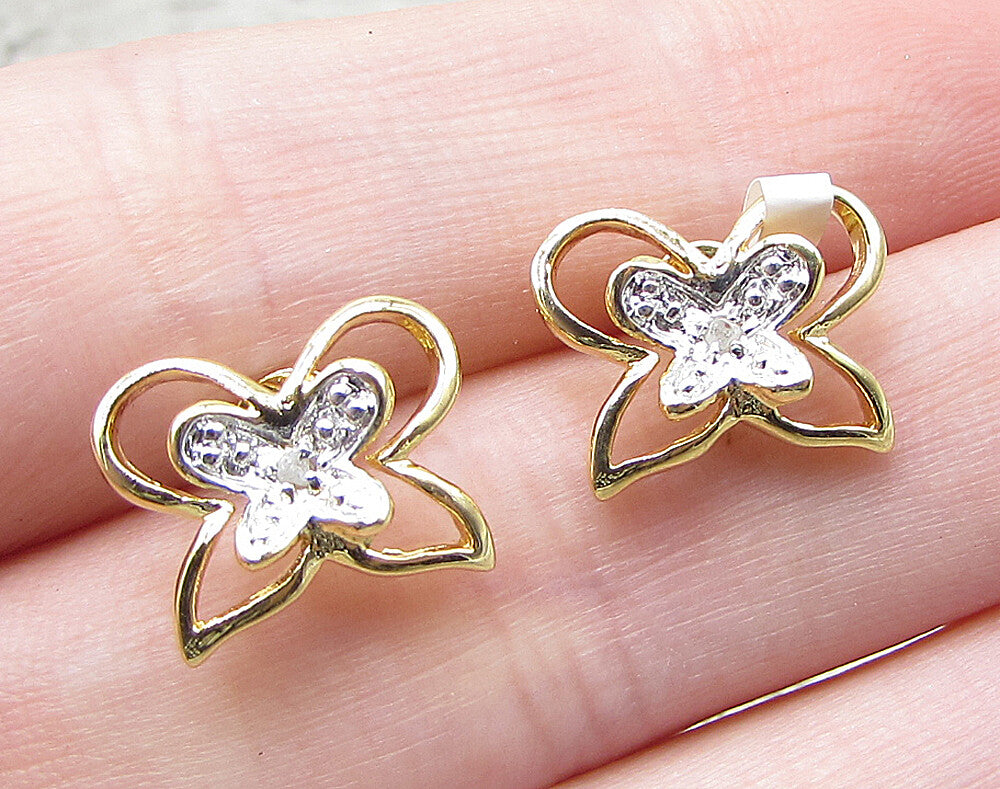 Gold Over 925 Sterling Silver Genuine Diamonds Butterfly Stud Earrings EG1047