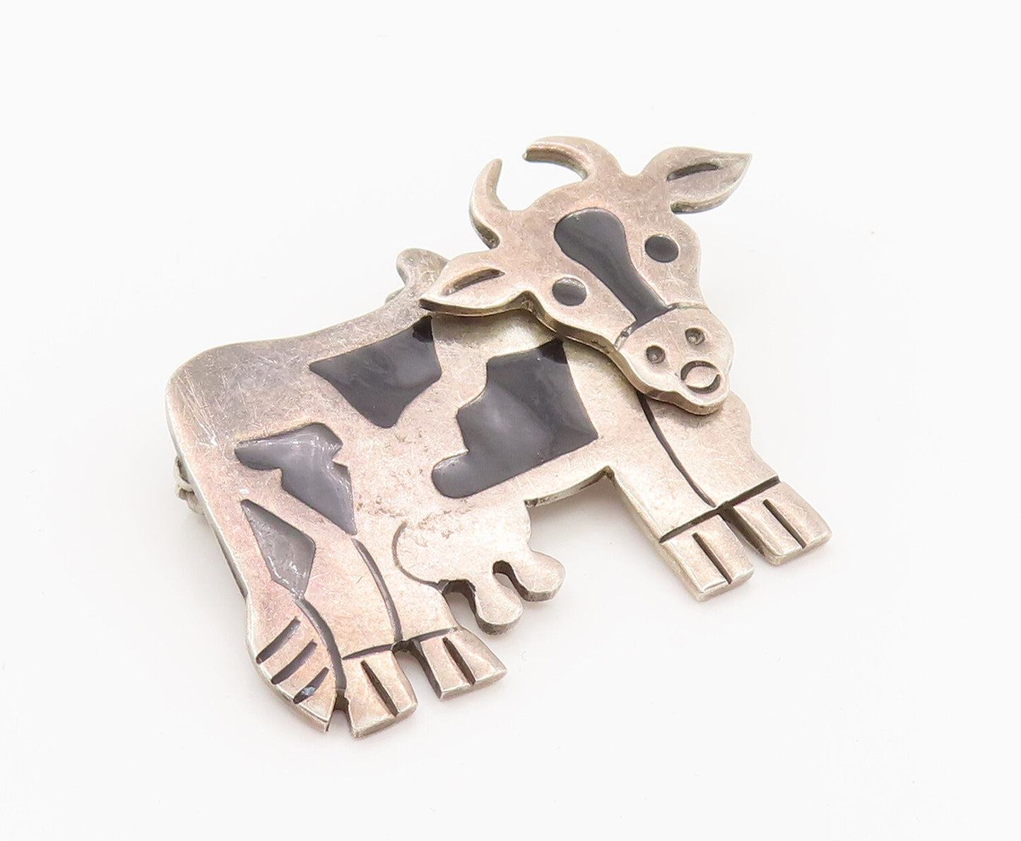 MEXICO 925 Silver  Vintage Enamel Cow With Moving Head Brooch Pin  BP10138