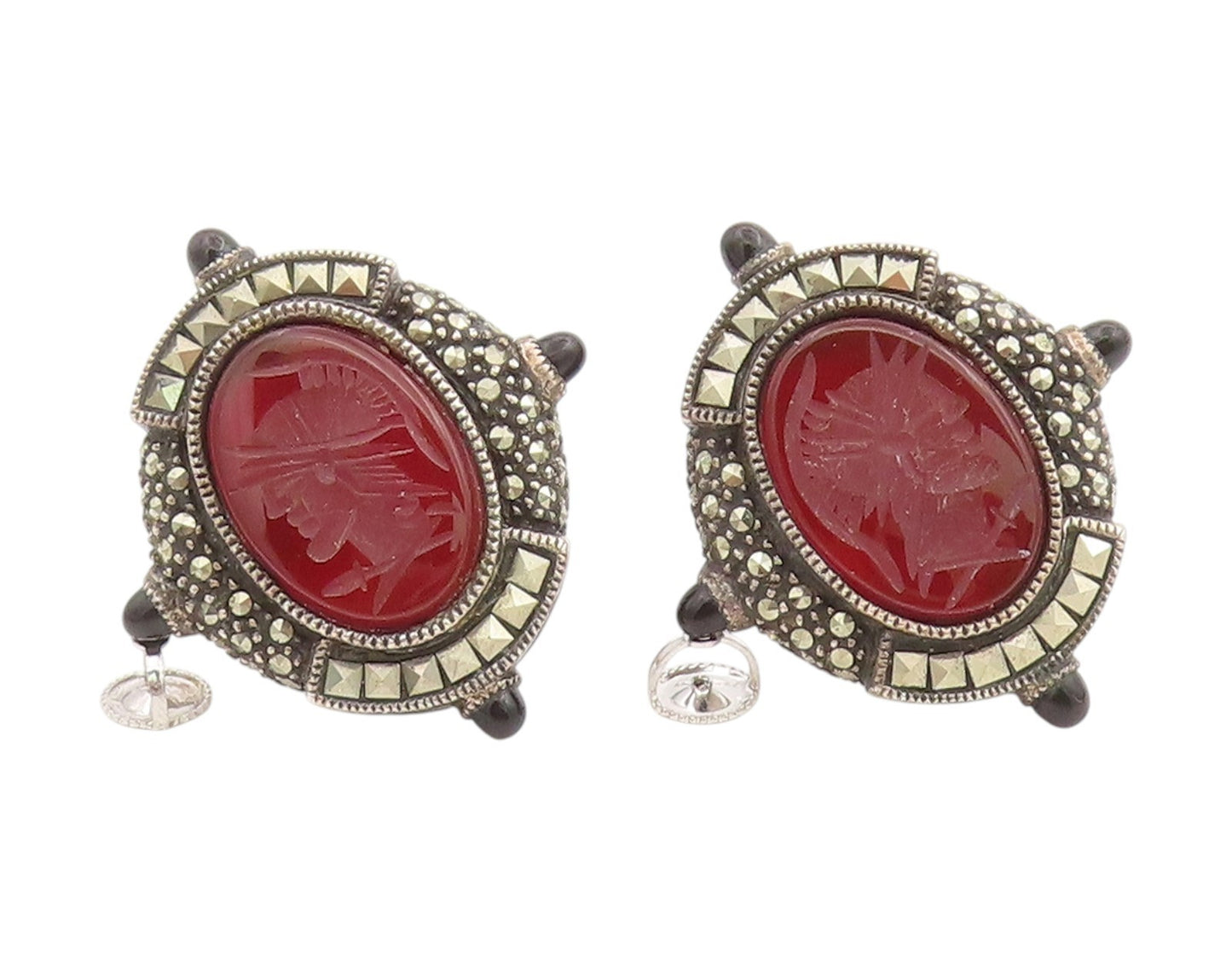 925 Sterling Silver Vintage Earrings JUDITH JACK Carved Carnelian Cuffs  EG13716