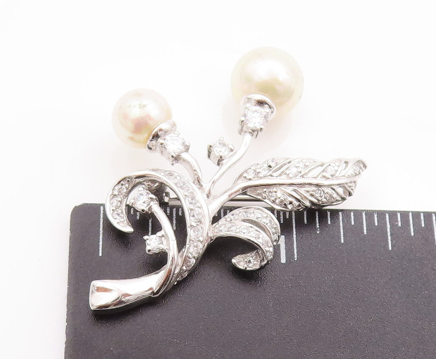 925 Sterling Silver Vintage Brooch Pin Floral Carved Topaz Beaded Pearls BP10819