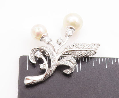 925 Sterling Silver Vintage Brooch Pin Floral Carved Topaz Beaded Pearls BP10819