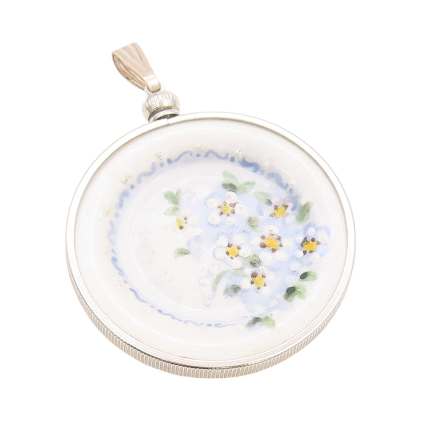 925 Sterling Silver Vintage Pendant SUE POWELL Floral Enameled Plate  PT24041