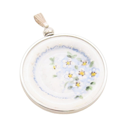 925 Sterling Silver Vintage Pendant SUE POWELL Floral Enameled Plate  PT24041