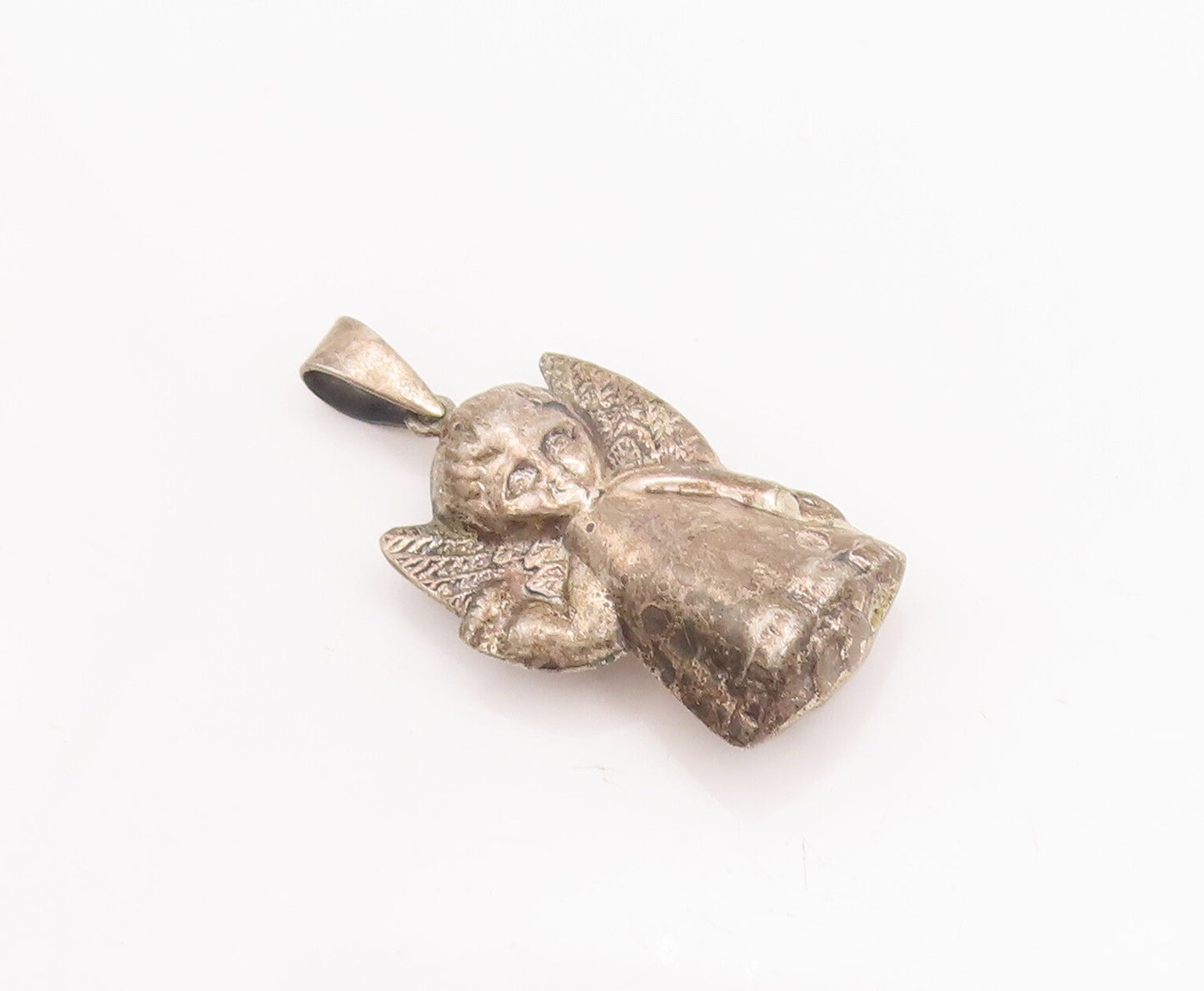 925 Sterling Silver Vintage Pendant Puffed Carved Baby Angel With Wings  PT23274
