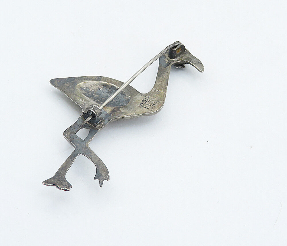 MEXICO 925 Sterling Silver Vintage Turquoise Flamingo Motif Brooch Pin BP2883