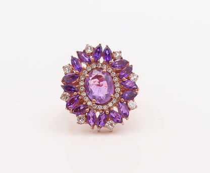 925 Sterling Silver Vintage Ring Rose Gold Plated Amethyst Flower Sz 7 RG29880
