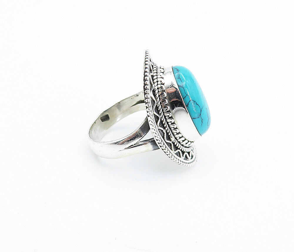 925 Sterling Silver  Turquoise Shiny Swirl Border Cocktail Ring Sz 7  RG7918