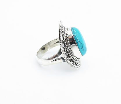925 Sterling Silver  Turquoise Shiny Swirl Border Cocktail Ring Sz 7  RG7918