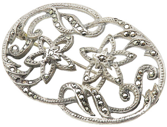 ENGLAND 925 Sterling Silver  Vintage Marcasite Floral Vine Brooch Pin  BP4271