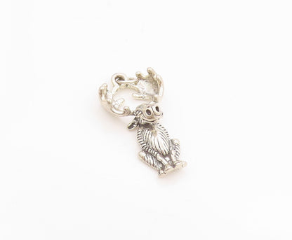 925 Sterling Silver Vintage Pendant Carved Moose Antlers 3D Charm  PT24524