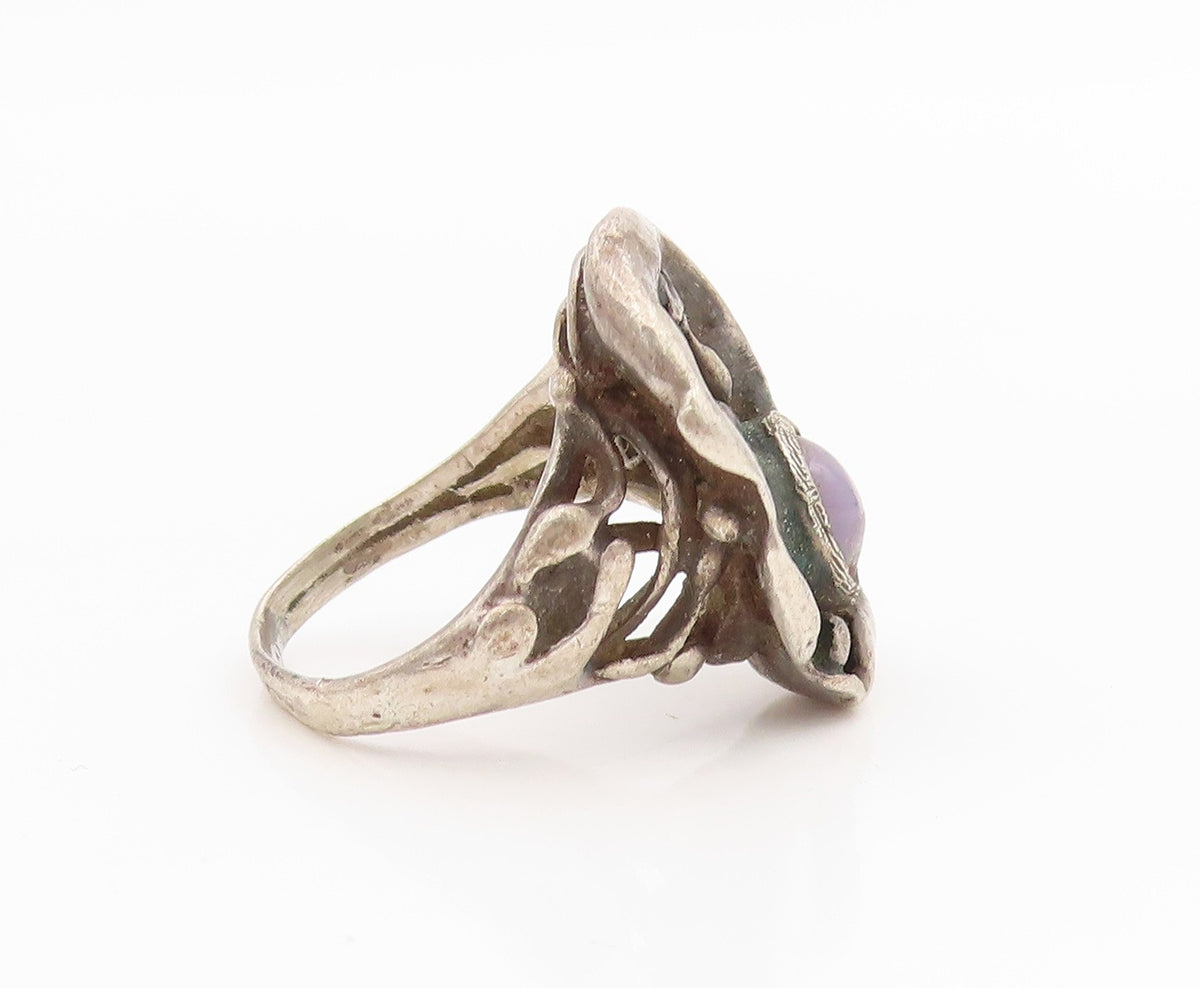 925 Sterling Silver Vintage Ring Cabochon Amethyst Brutalist Band  Sz 4  RG34619