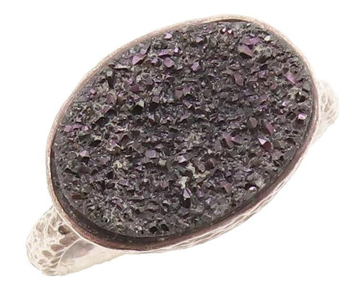 925 Sterling Silver Vintage Ring Oval Black Drusy Carved Band Sz 7 RG31040